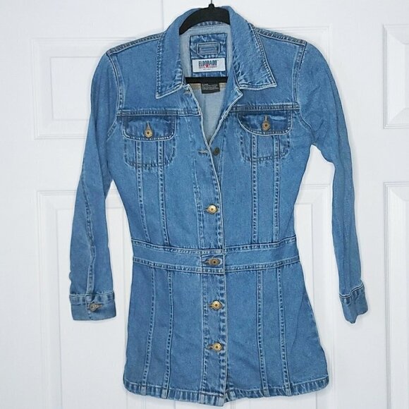 𝅺vintage LONG FITTED DENIM JEAN JACKET - Picture 1 of 4